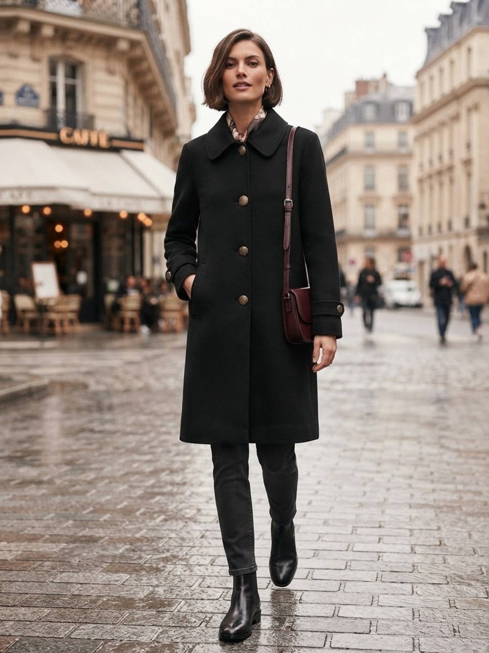 Classic Black 100% Wool Single-Breasted Coat